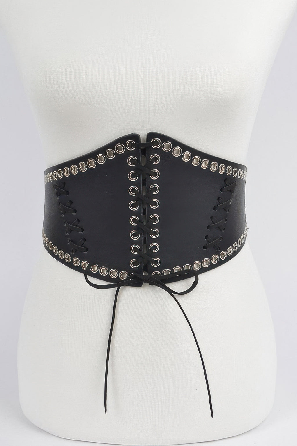 Schwarzer Stretch-Corsettgürtel mit Reihenösen in der Mitte und langen Bindebändern