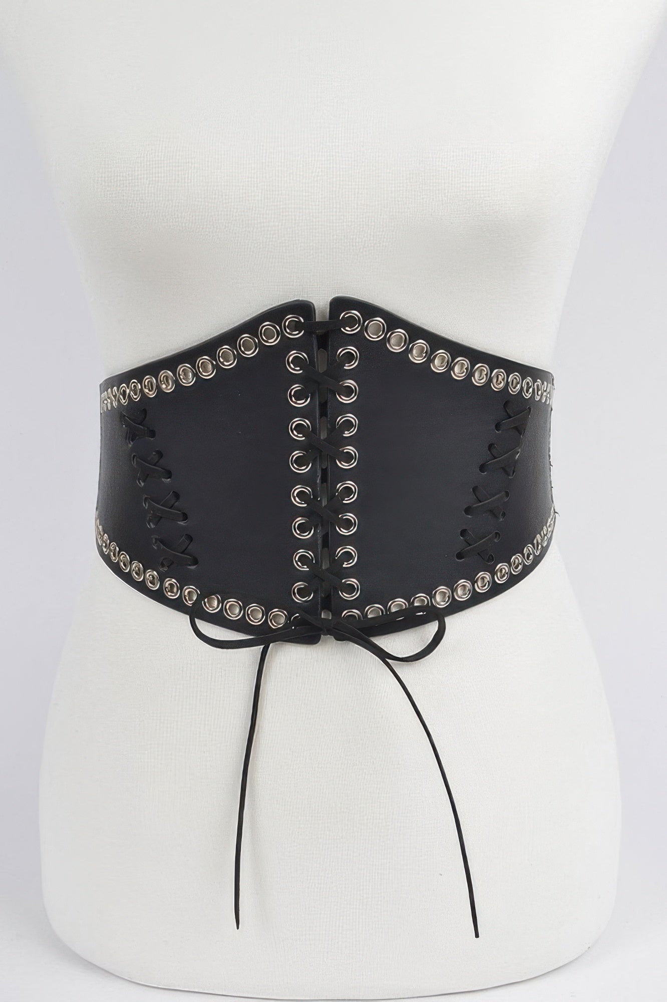 Schwarzer Stretch-Corsettgürtel mit Reihenösen in der Mitte und langen Bindebändern