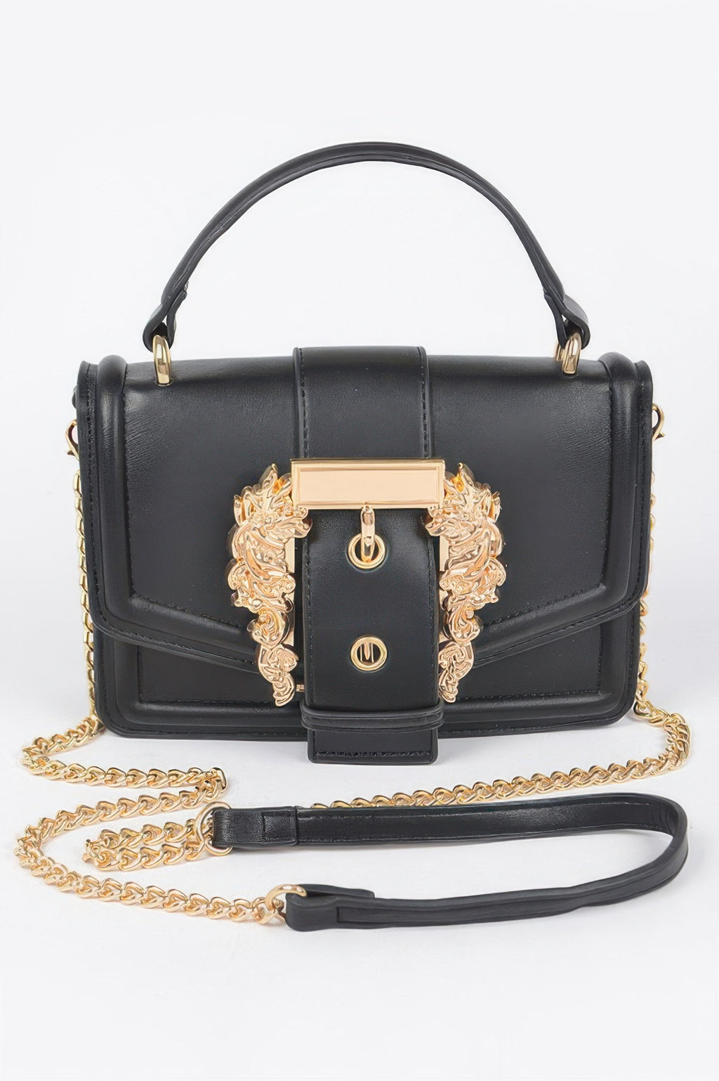 Vegan top handle shoulder clutch, black with gold ornamental front clasp