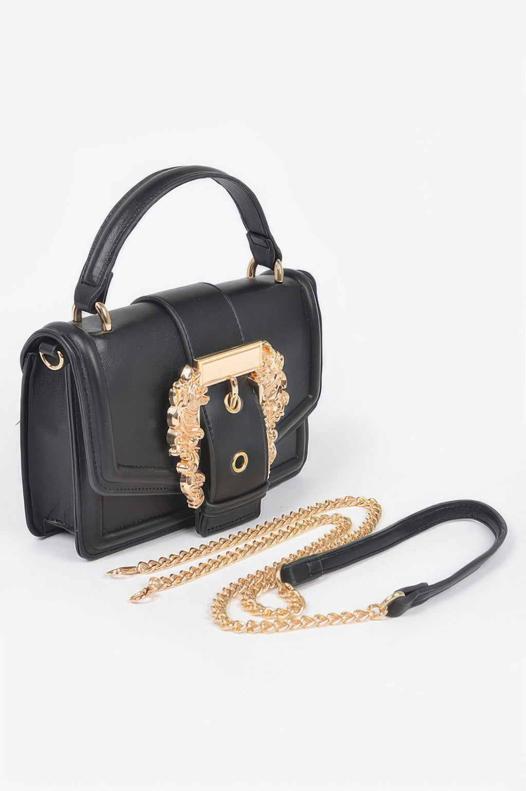 Vegan clutch bag, black with gold-chain shoulder strap and front emblem closure