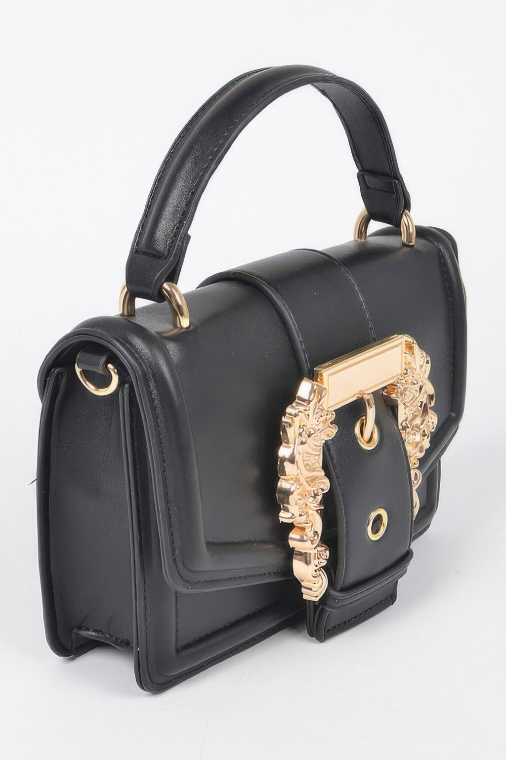 Black vegan clutch bag with top handle and ornate gold front strap detail