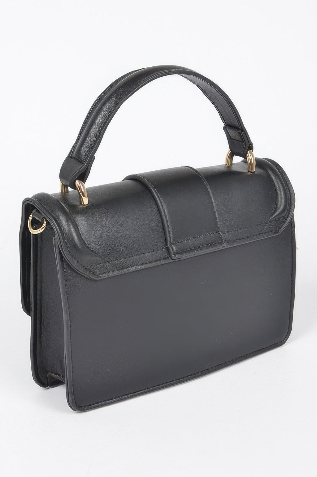 Black vegan top handle clutch bag with smooth front panel and gold hardware