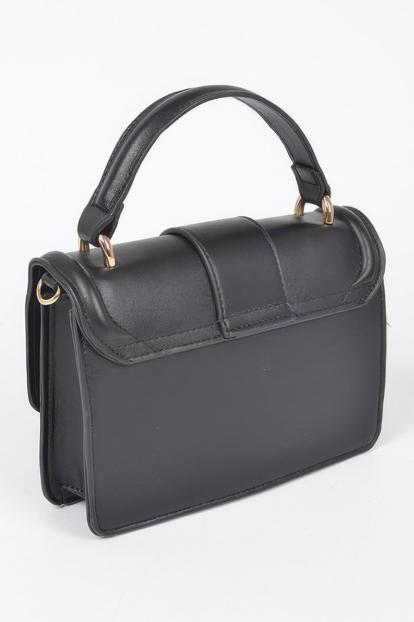 Black vegan top handle clutch bag with smooth front panel and gold hardware