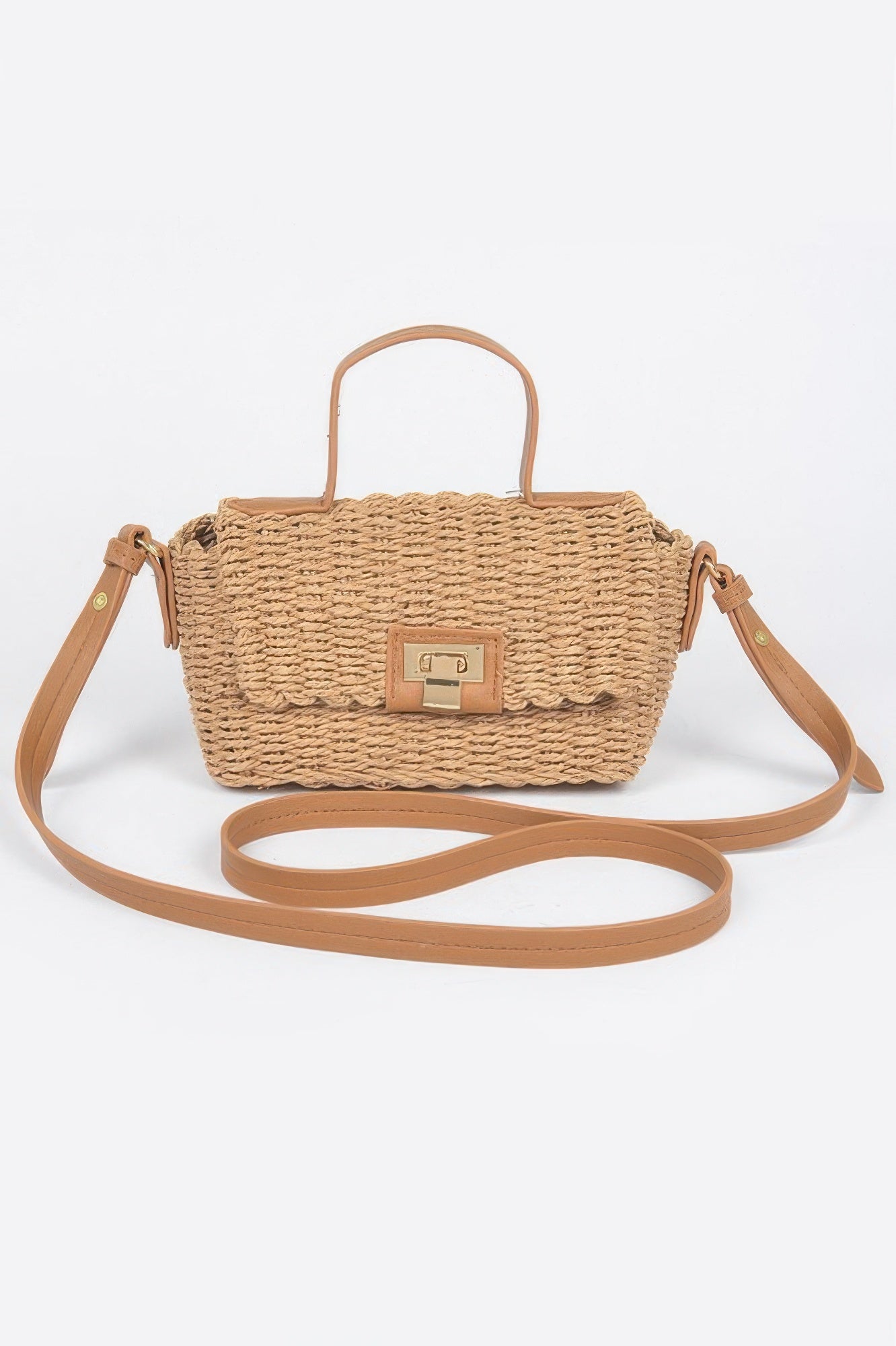 Faux straw top handle bag in khaki with front clasp and tan shoulder strap
