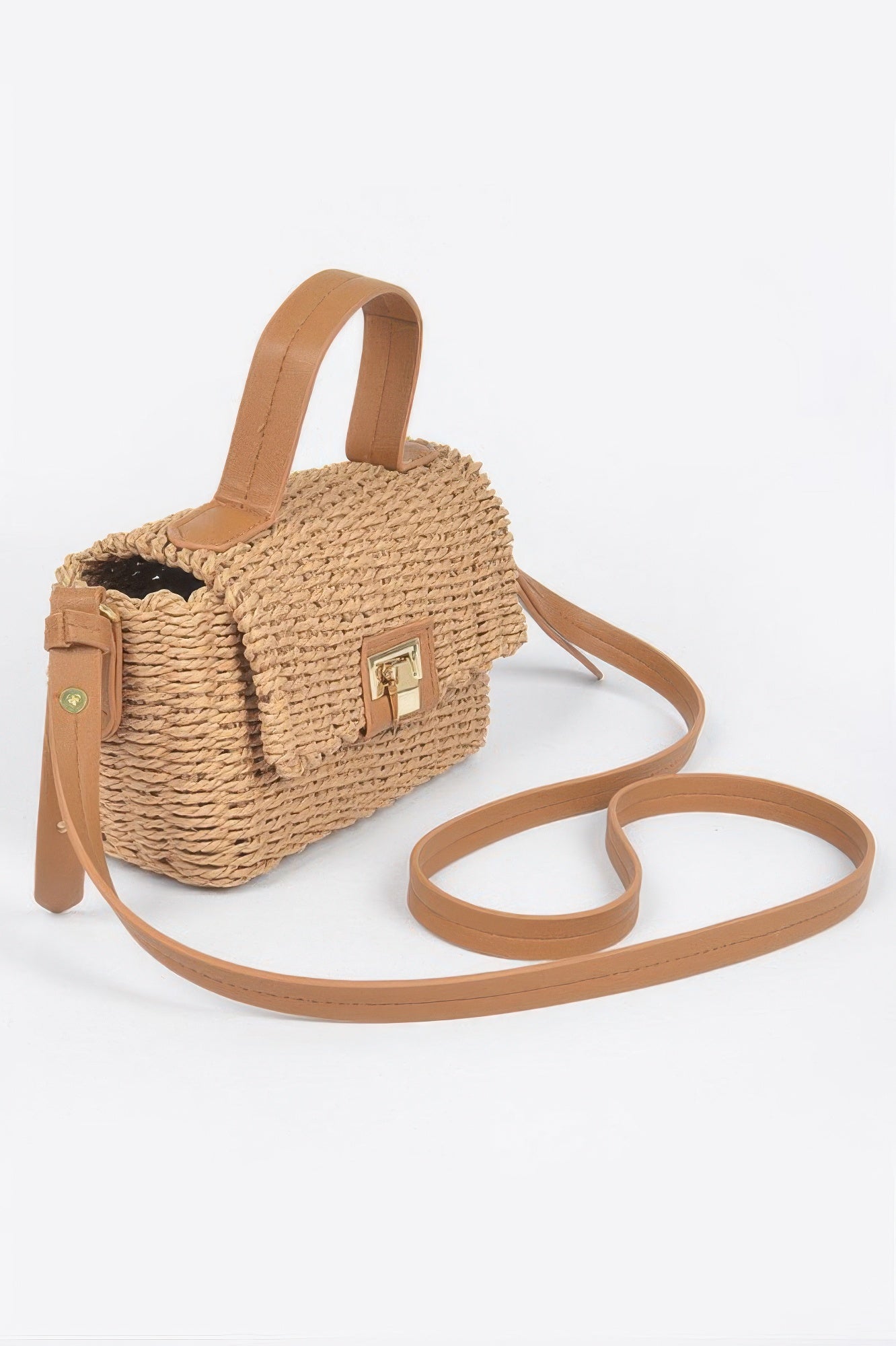 Khaki woven faux straw top handle bag with side strap and front square clasp