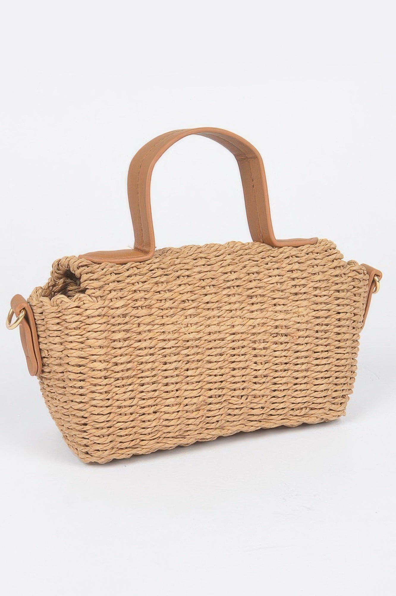Khaki faux straw top handle bag, side view with tan handles and woven texture