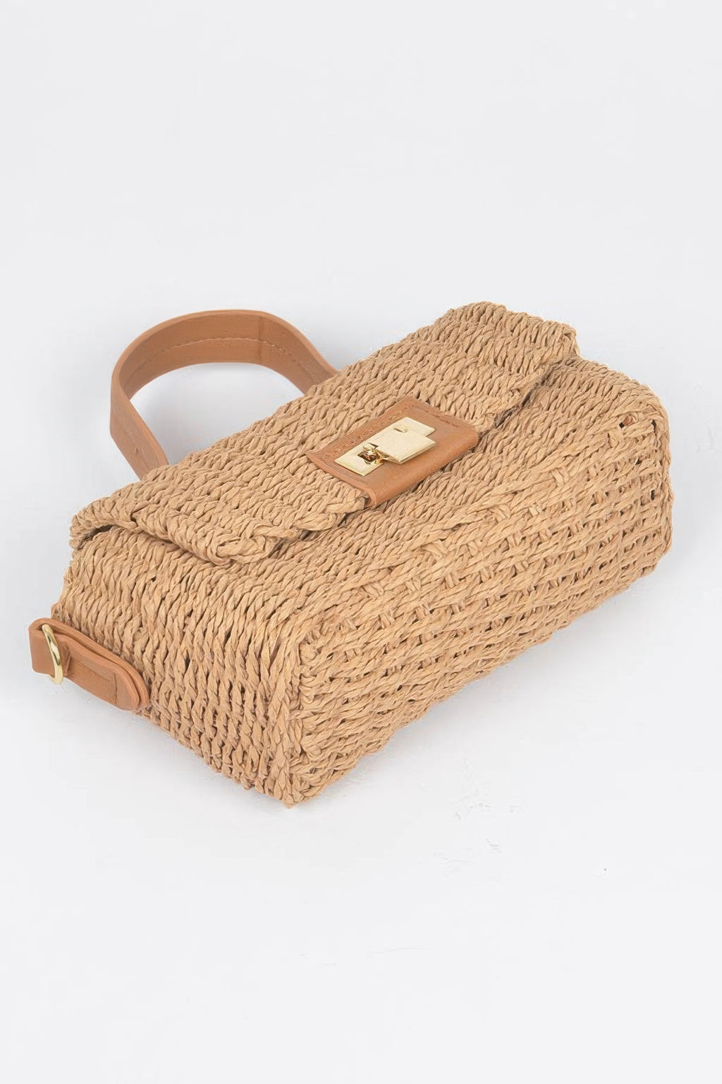 Faux straw top handle bag in khaki, top flap with gold-tone clasp detail