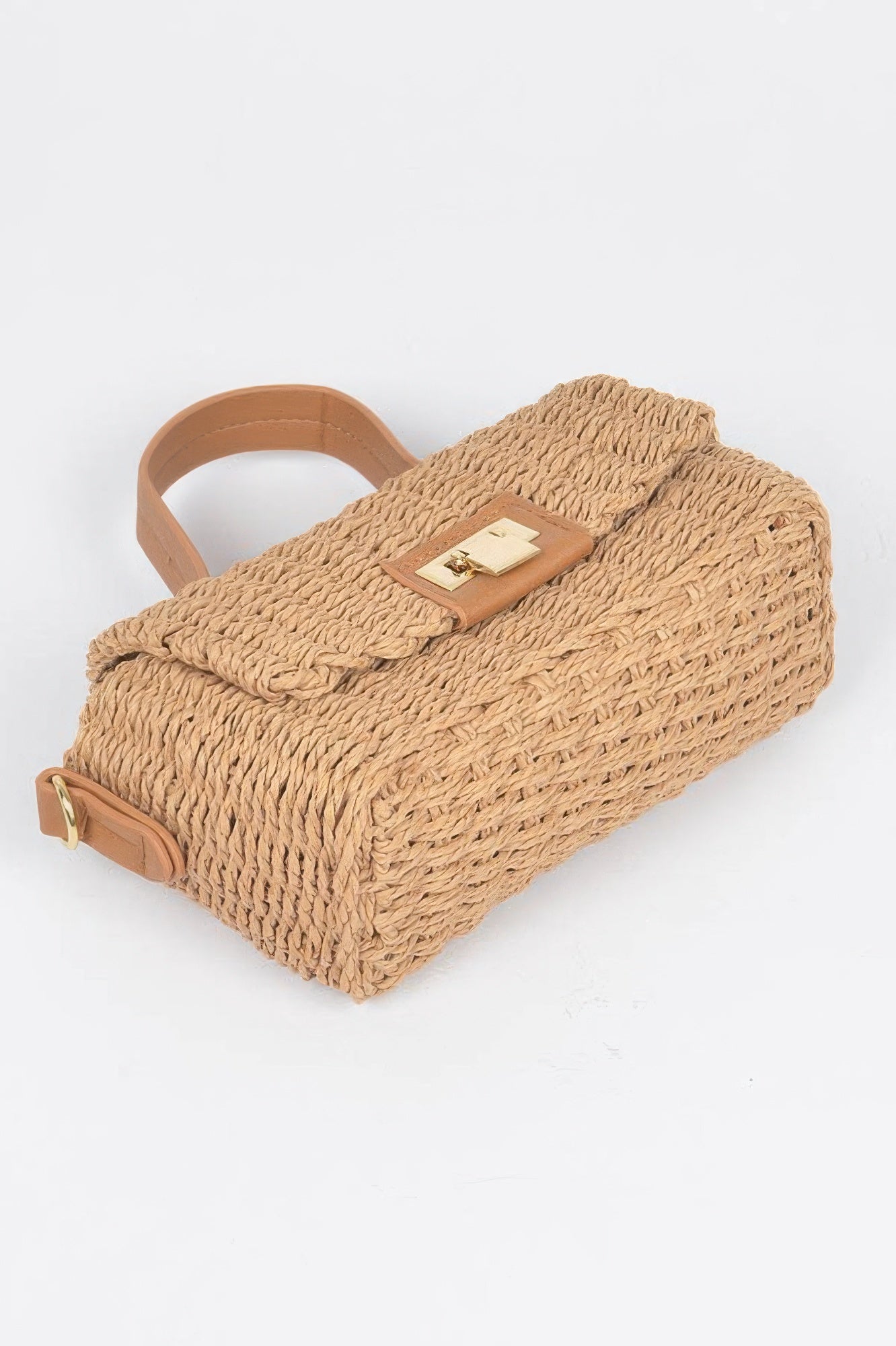 Faux straw top handle bag in khaki, top flap with gold-tone clasp detail