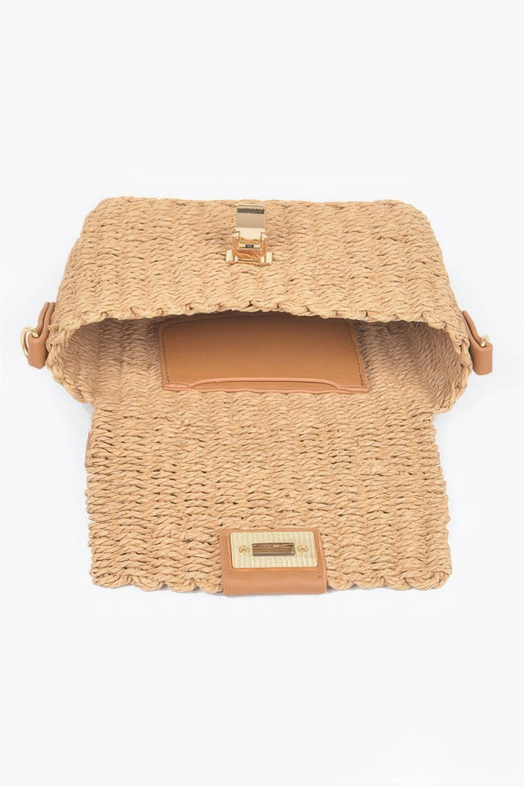 Khaki woven faux straw shoulder bag with front flap, gold-tone latch, and tan trim