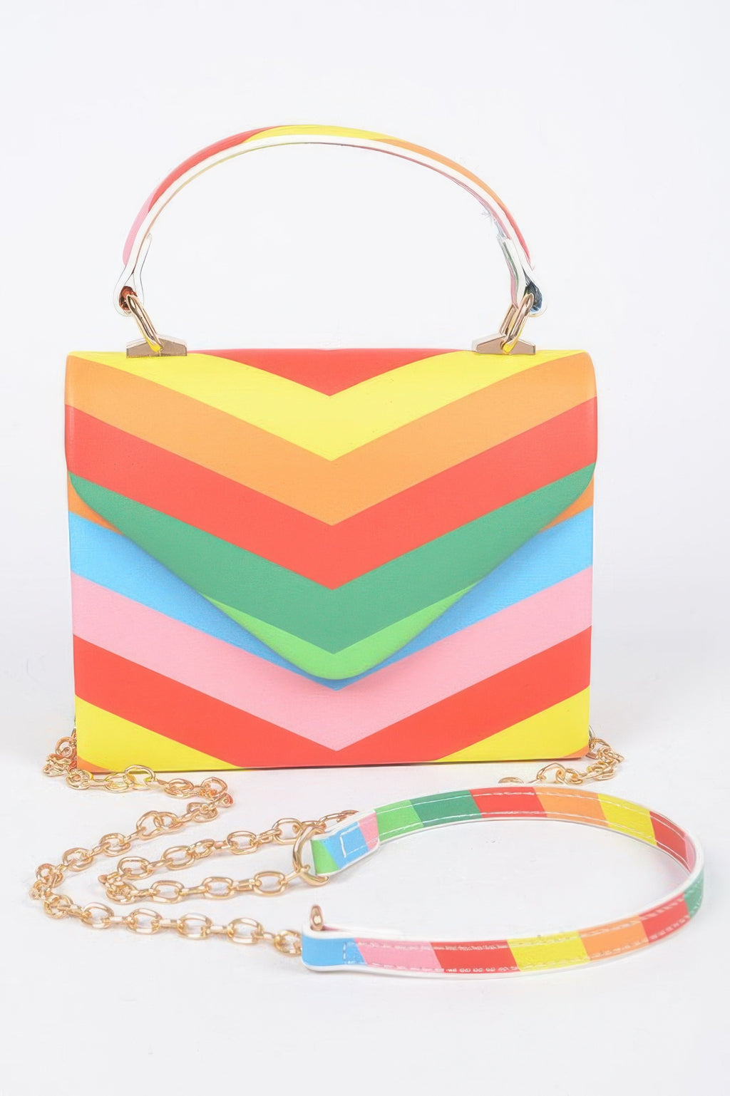 Rainbow chevron print top-handle clutch bag with chain strap, multicolor