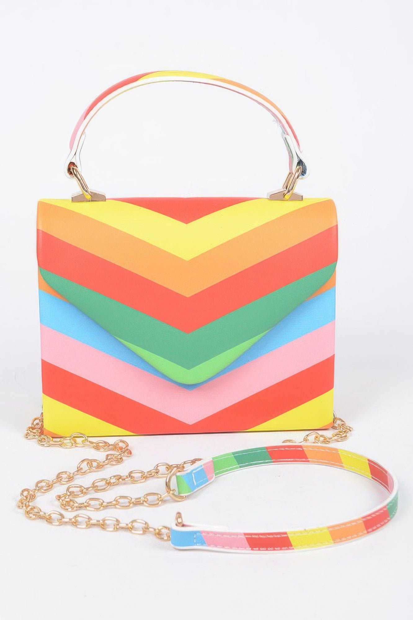 Rainbow chevron print top-handle clutch bag with chain strap, multicolor
