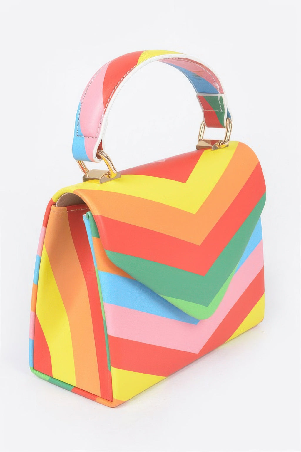 Top-handle rainbow chevron clutch with gold-tone hardware, multicolor
