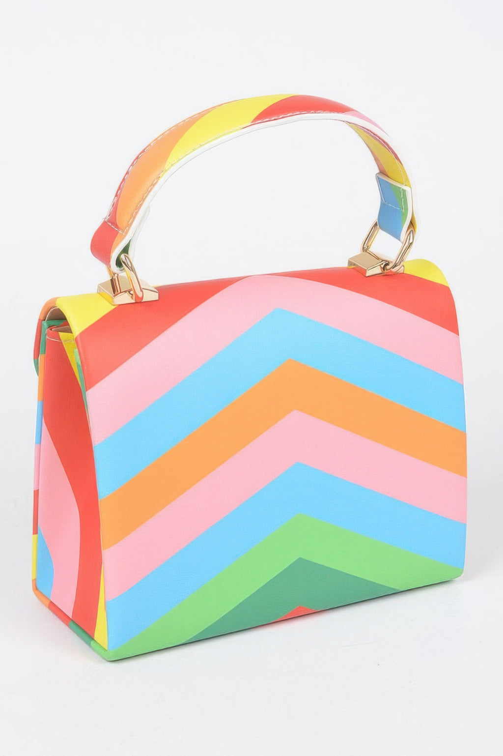 Angle view of multicolor rainbow chevron clutch with curved top handle