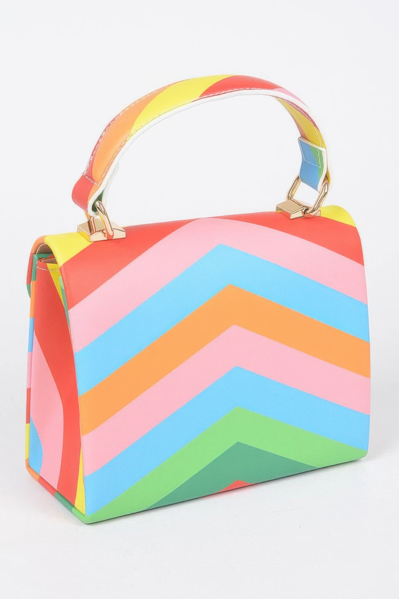 Angle view of multicolor rainbow chevron clutch with curved top handle
