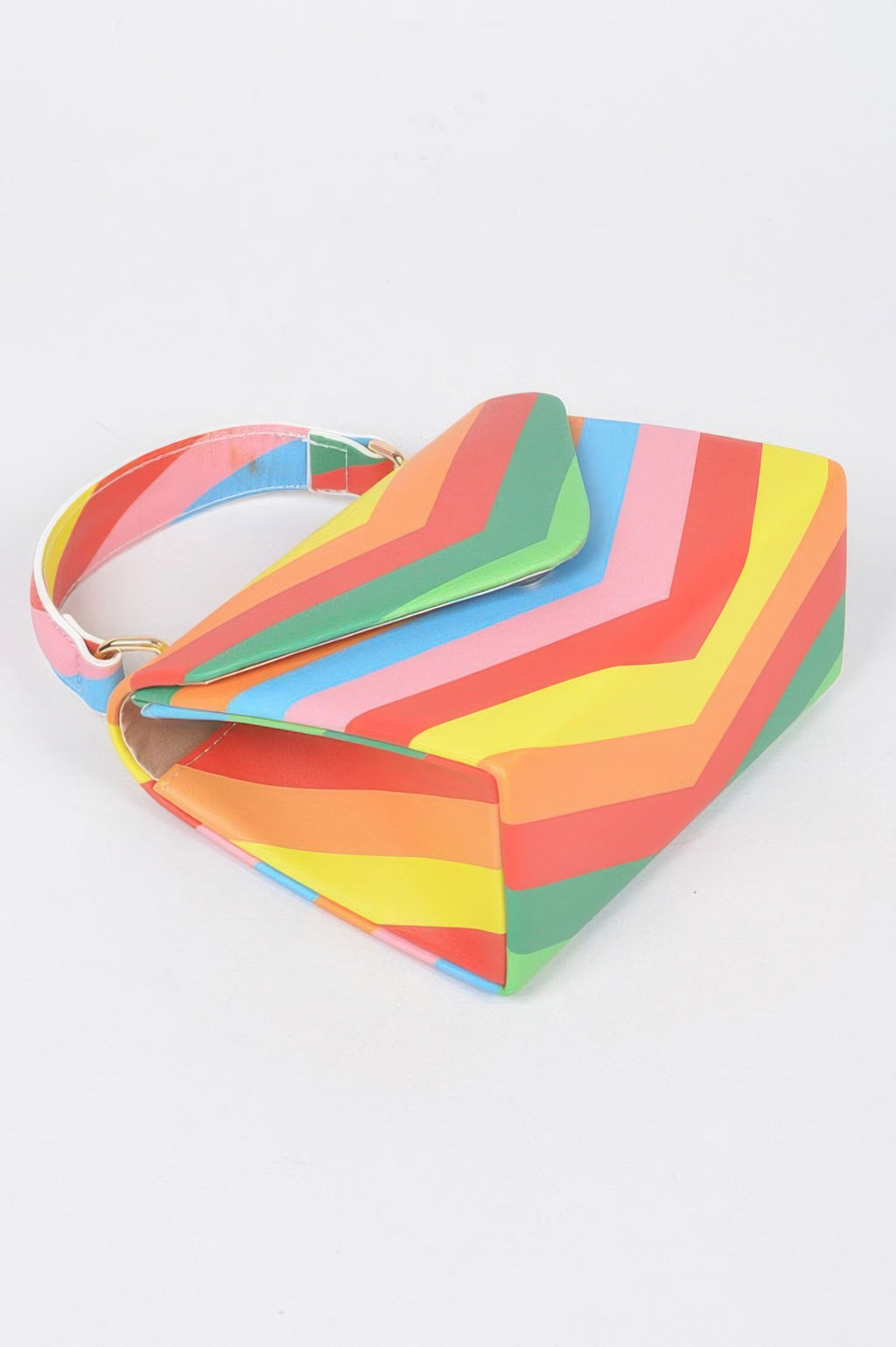 Rainbow chevron clutch with crossbody strap and gold metal clasp