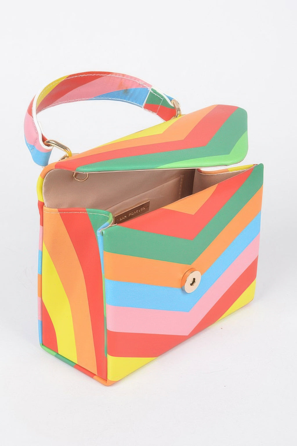 Multicolor rainbow chevron clutch with front snap button and interior lining