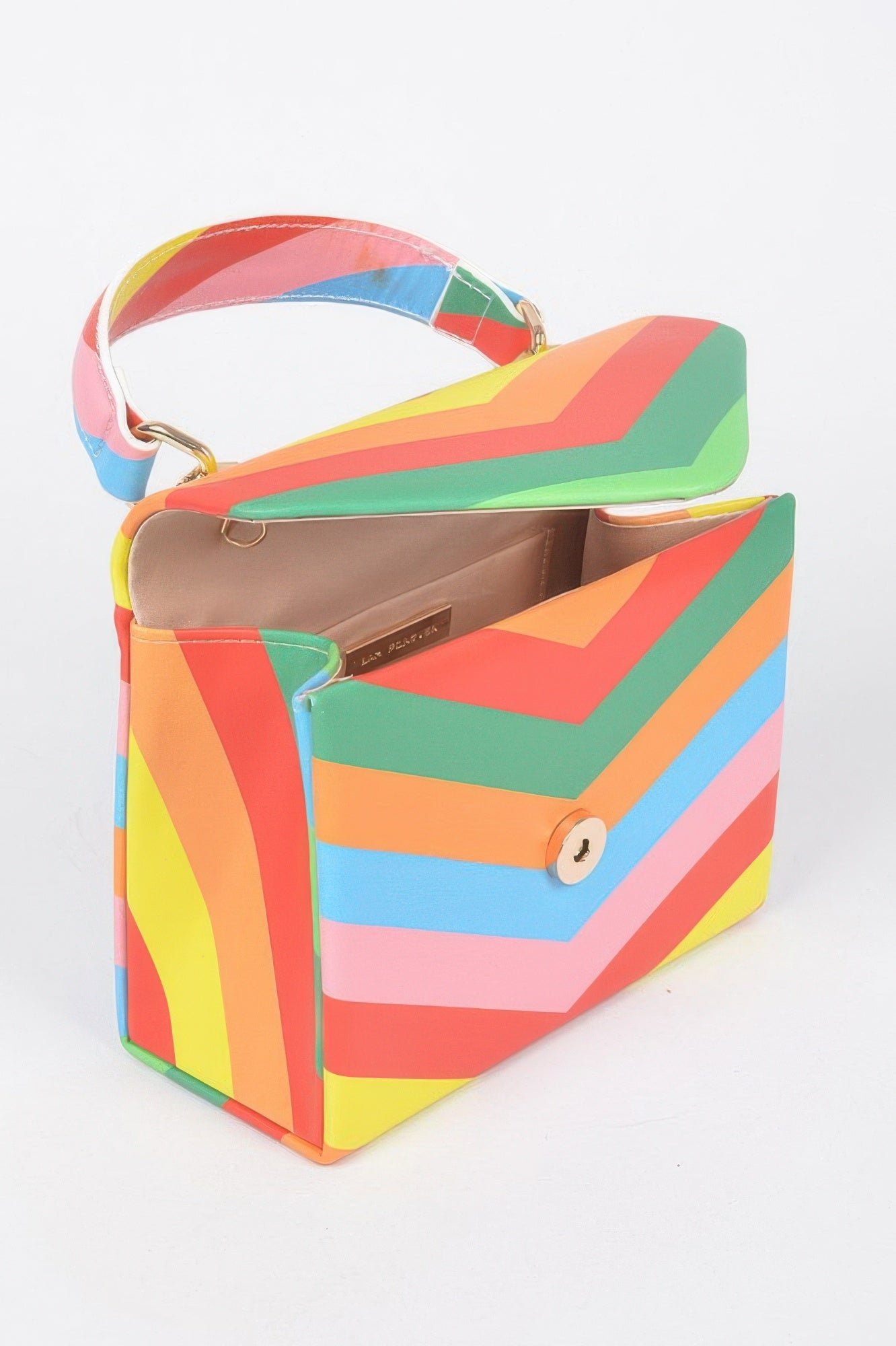 Multicolor rainbow chevron clutch with front snap button and interior lining
