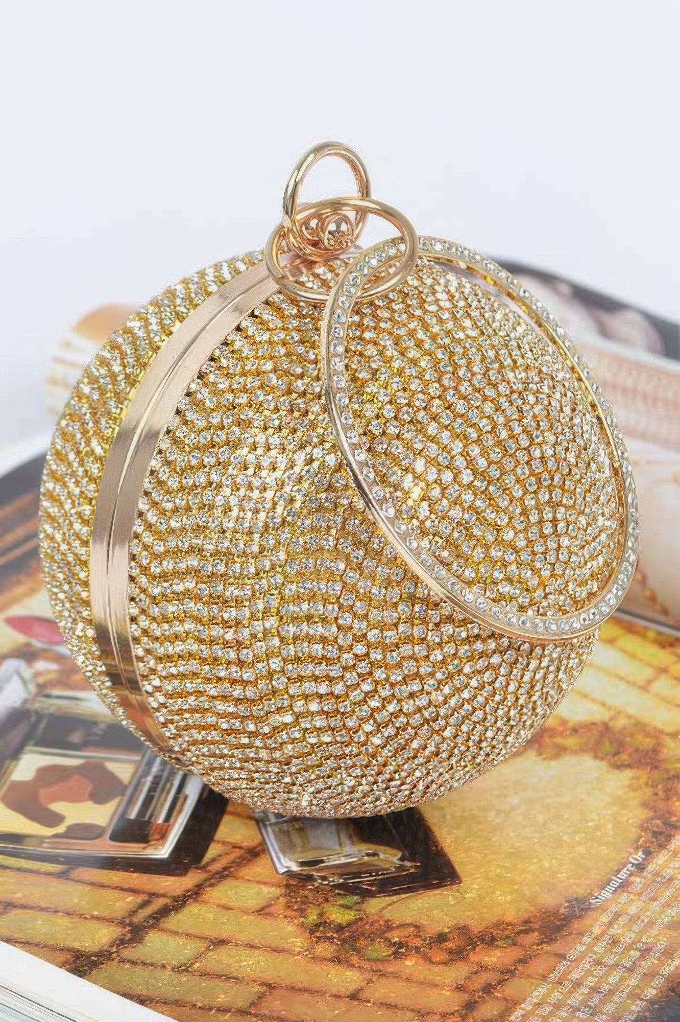 Gold rhinestone ball clutch, oval clasp frame with sparkling beadwork
