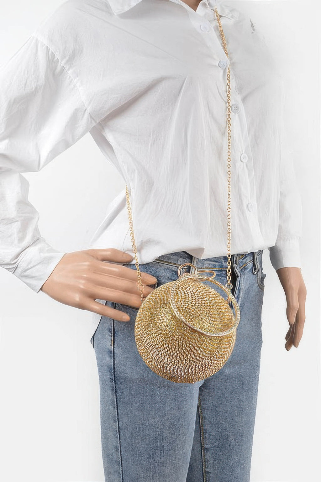 Gold rhinestone ball clutch worn crossbody, round design with chain strap
