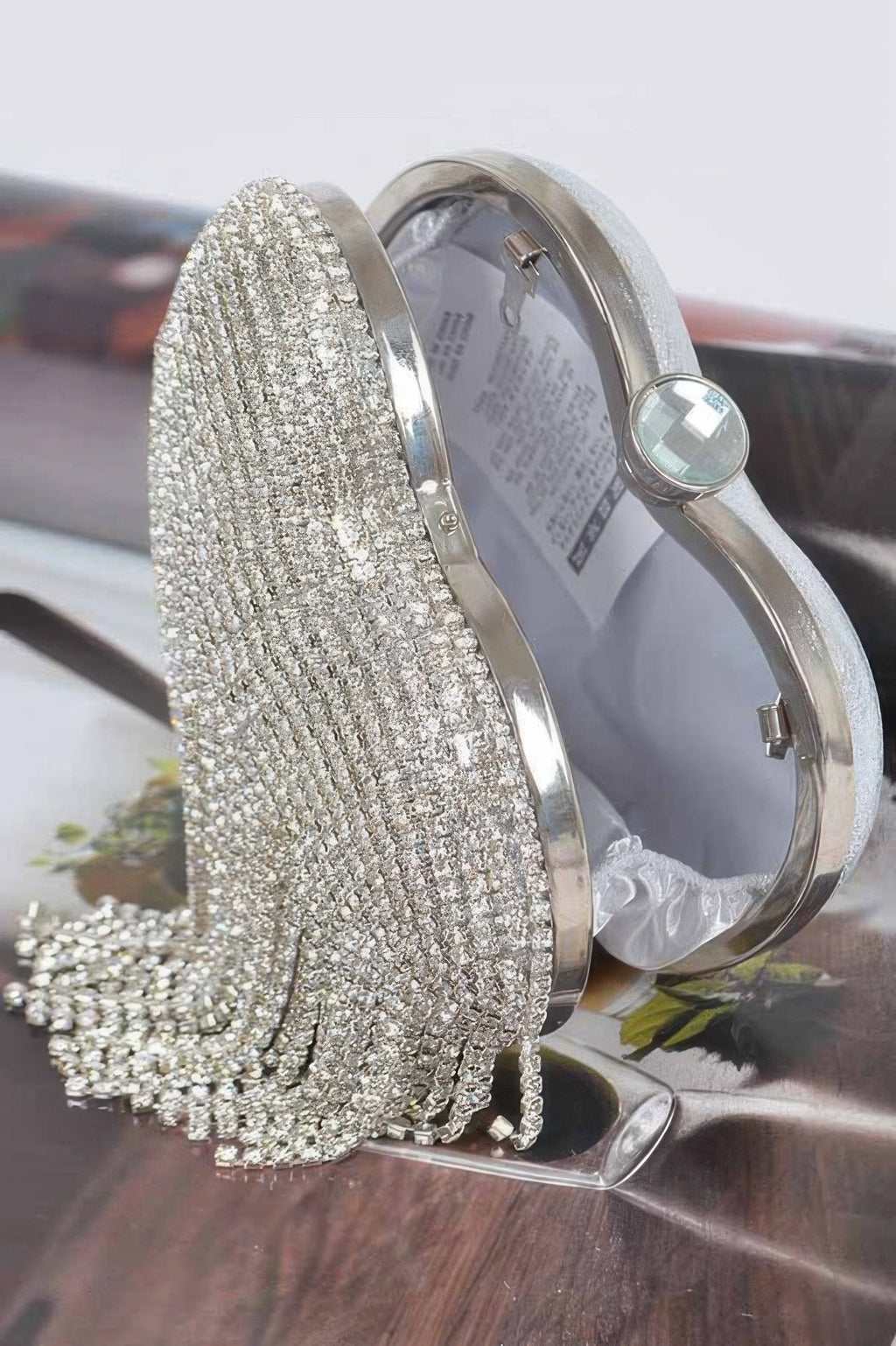 Silver rhinestone heart mini case bag open view with inner pocket