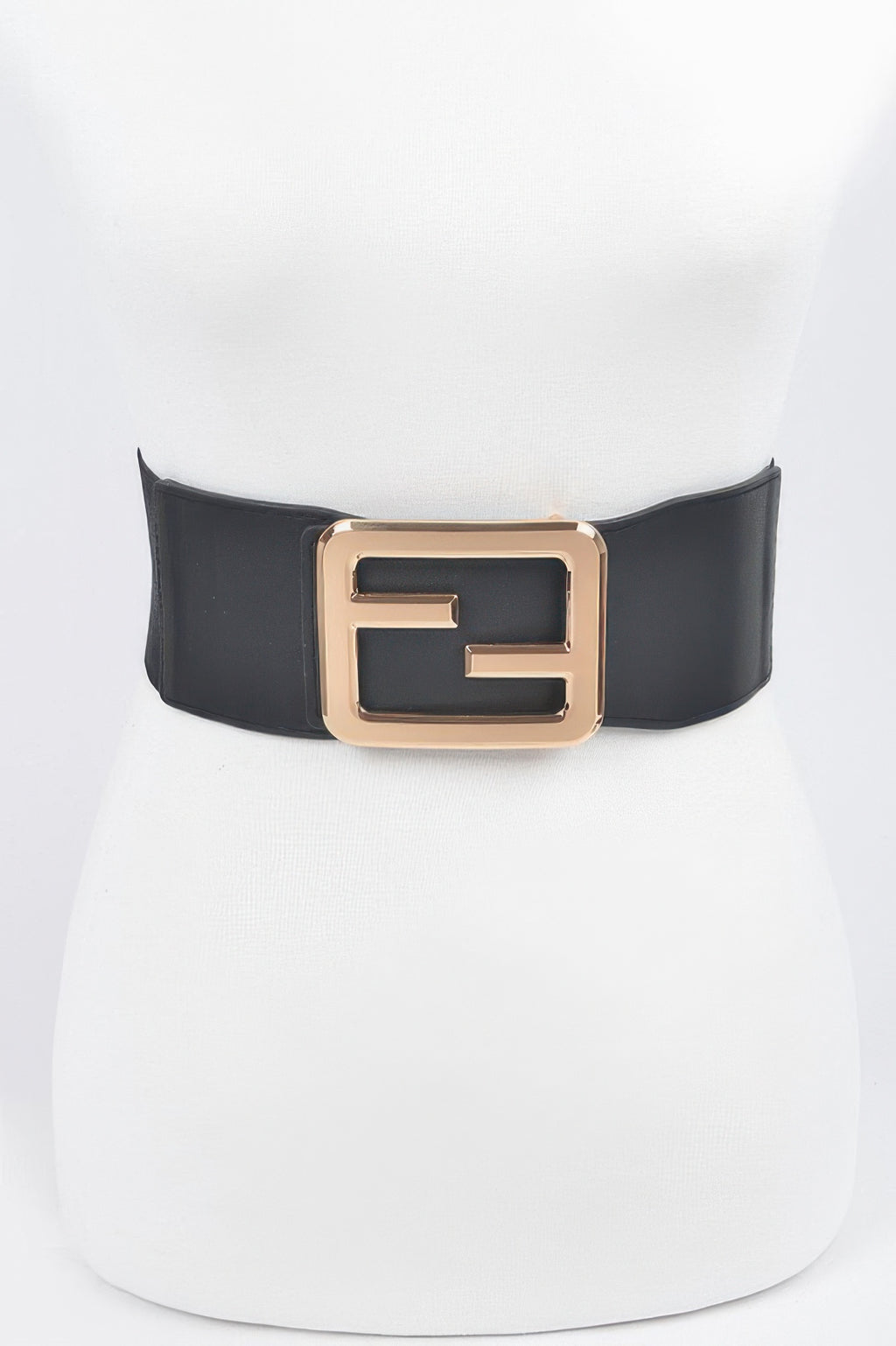 Black elastic plus-size belt, wide strap with gold metal E buckle