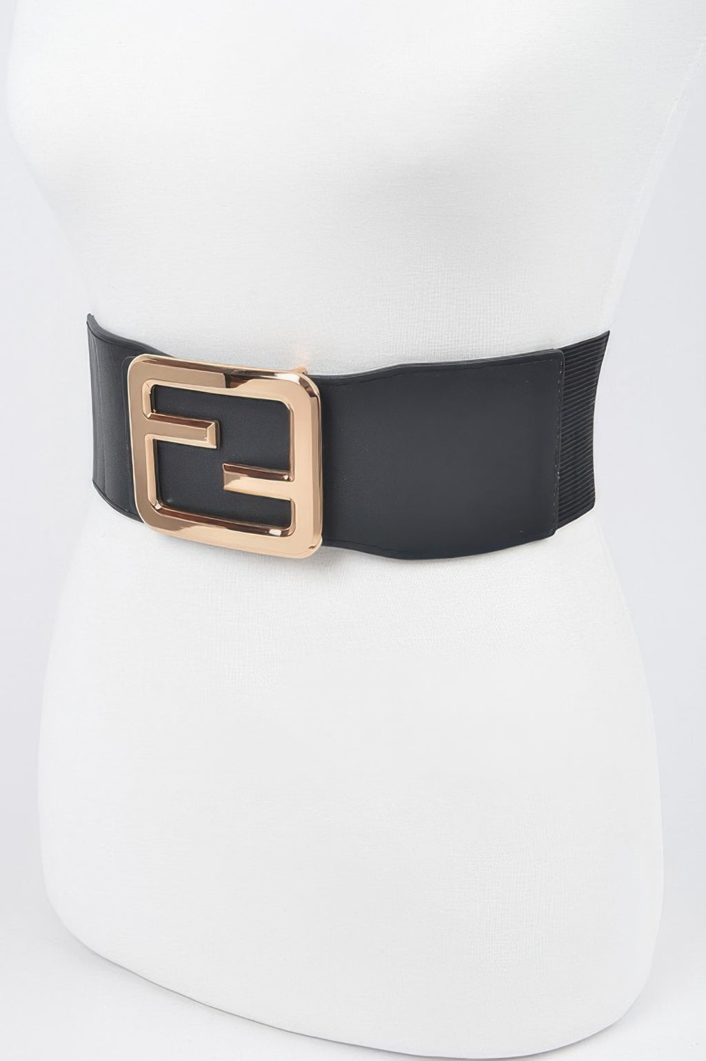 Black elastic belt, side view of gold metal buckle and wide strap