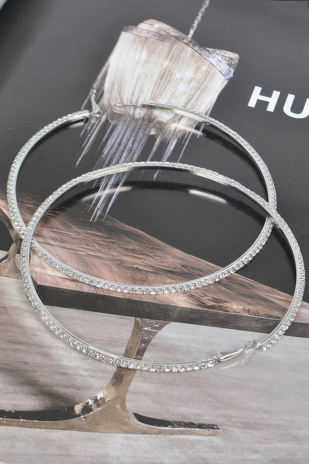 Silver-tone 10cm double hoop earrings with rhinestone band detail