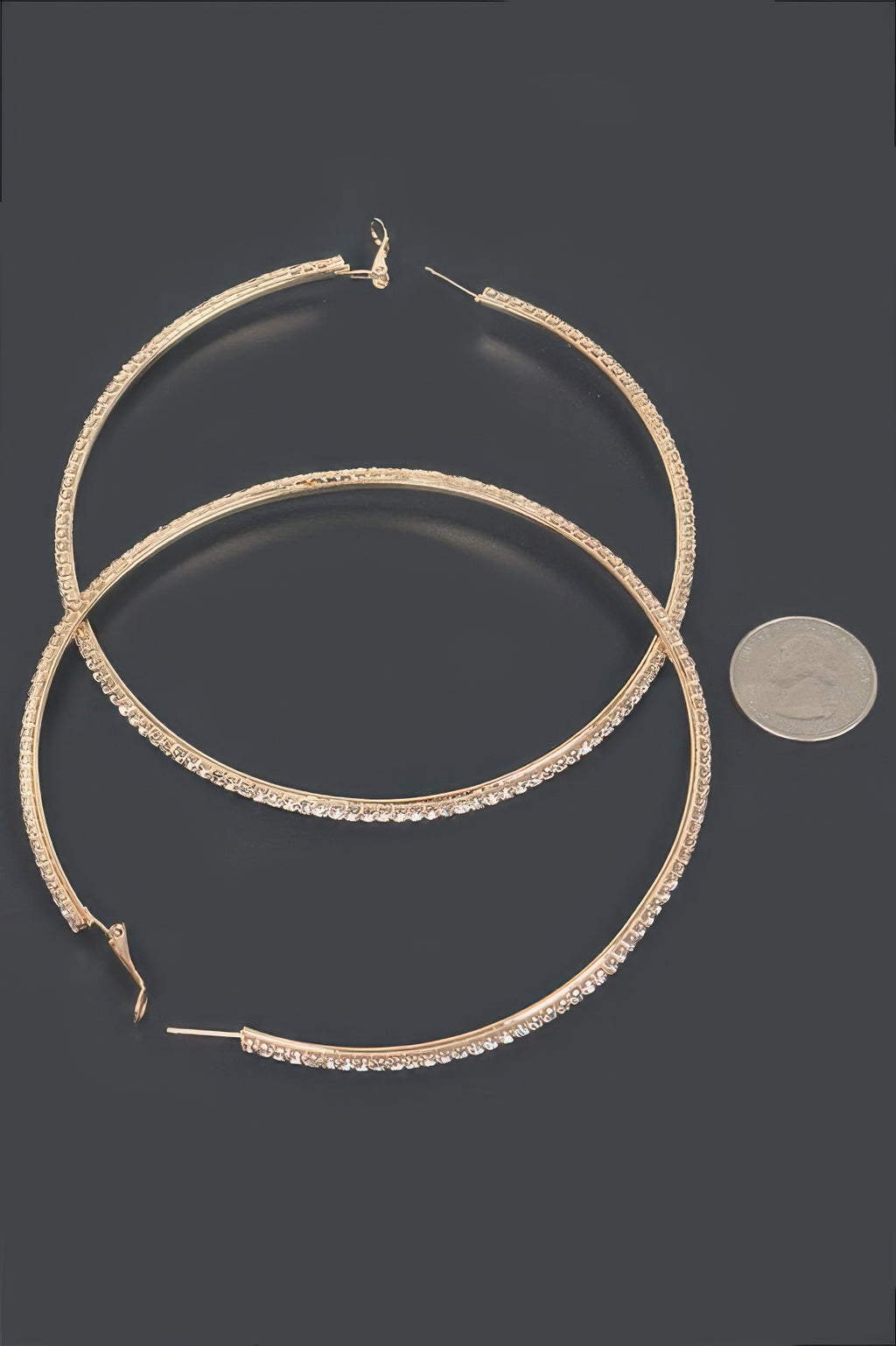 Gold-tone rhinestone double hoop earrings with hook posts, 10cm hoops
