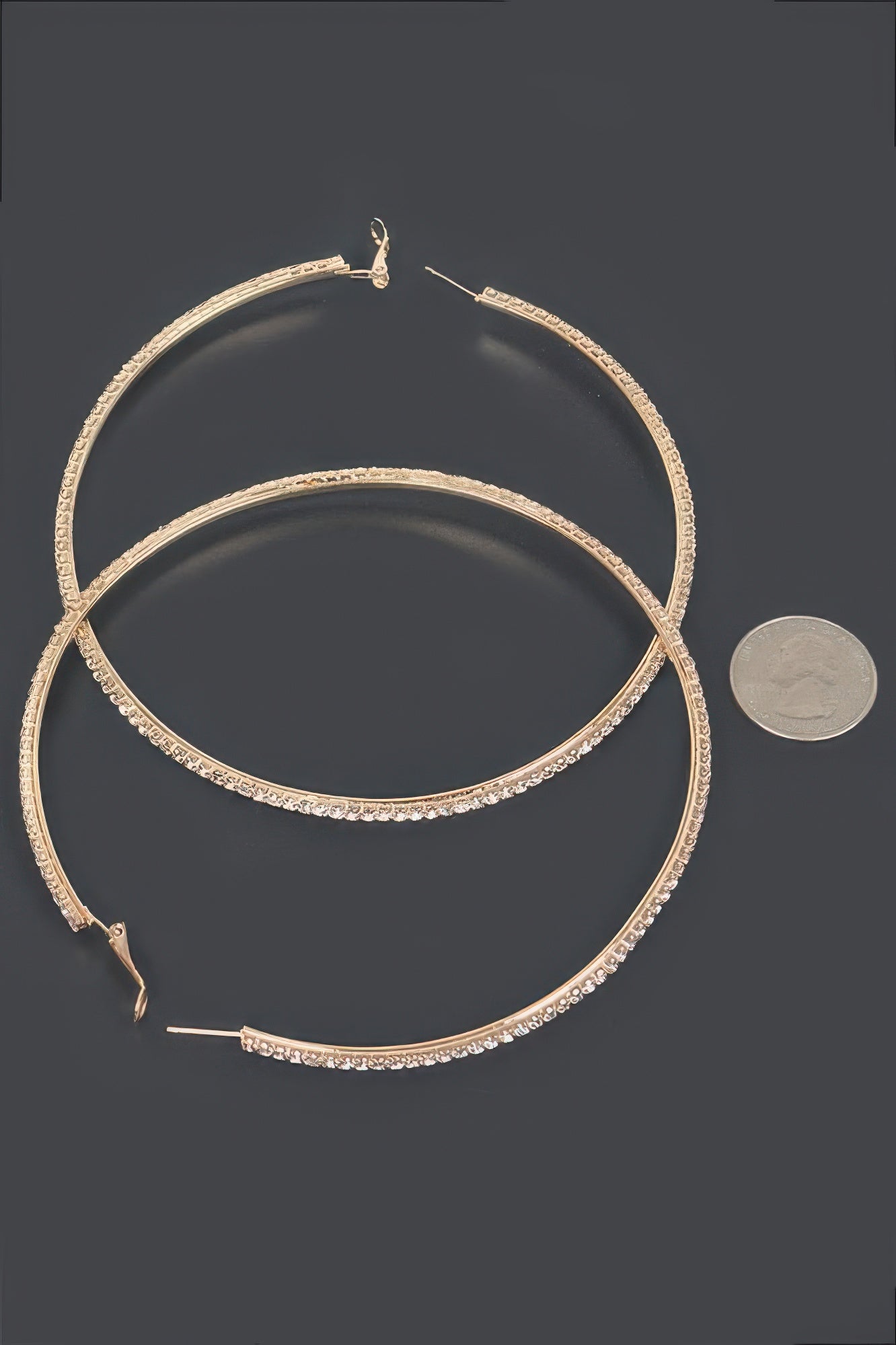 Gold-tone rhinestone double hoop earrings with hook posts, 10cm hoops