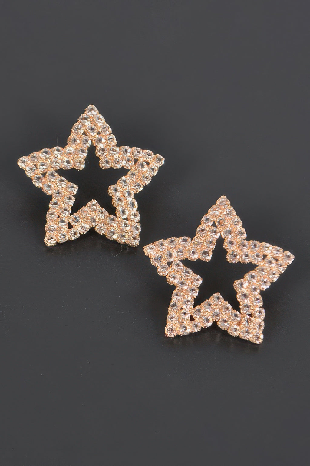 Gold-tone star rhinestone stud earrings, sparkling rose-gold star pair