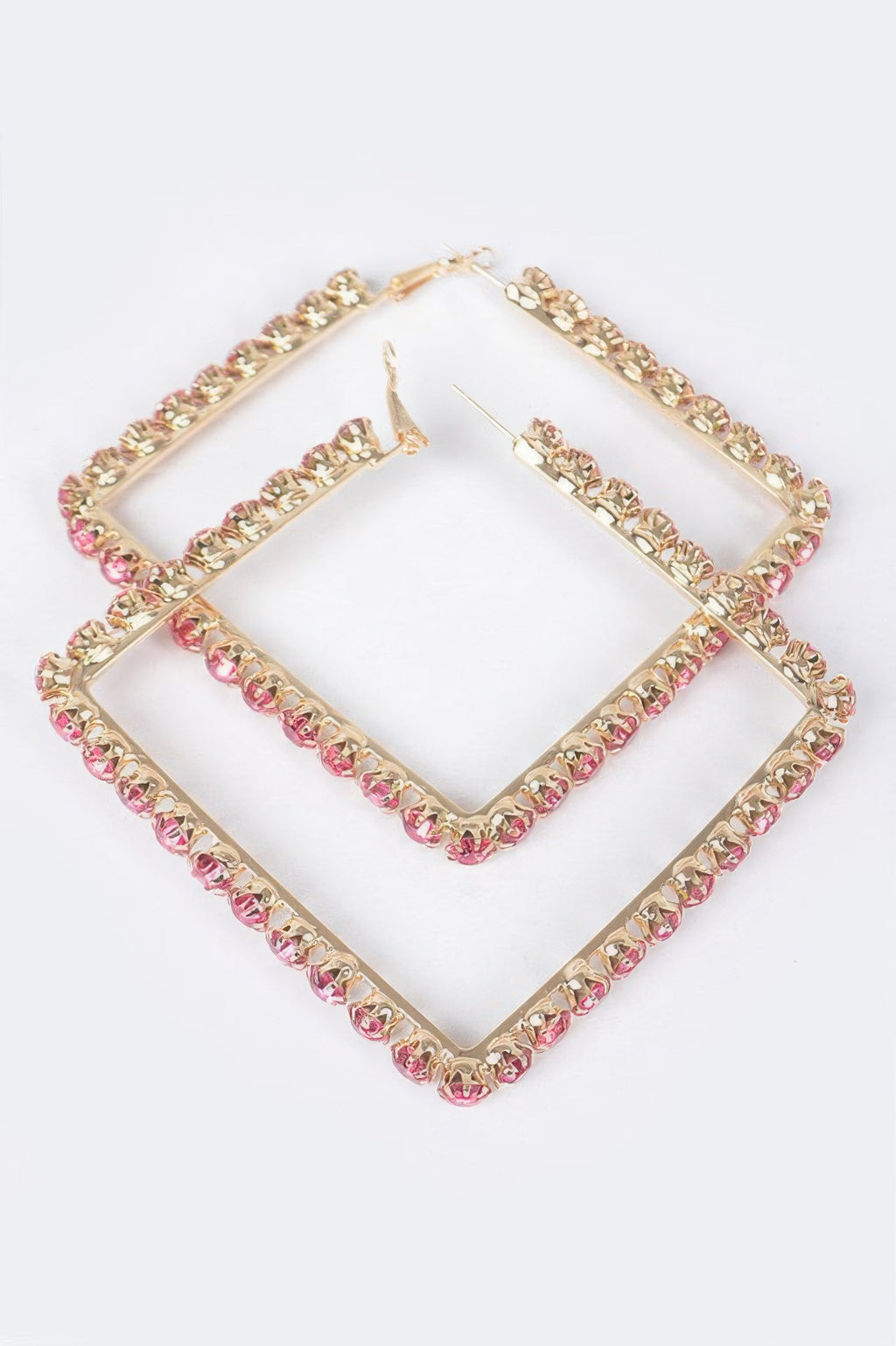Rhinestone square hoop earrings with fuchsia-pink stones and gold-tone frame