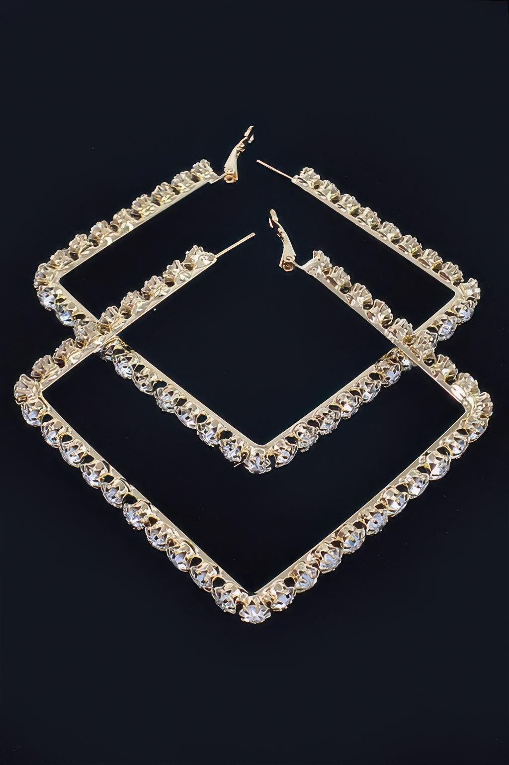 Rhinestone square hoop earrings with clear stones and gold-tone setting