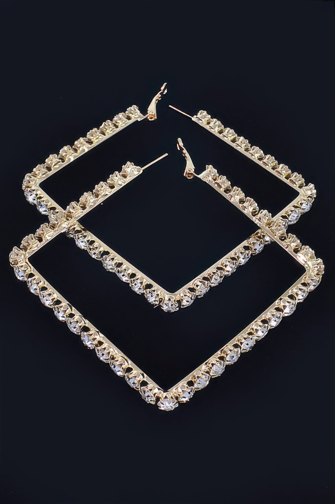 Rhinestone square hoop earrings with clear stones and gold-tone setting