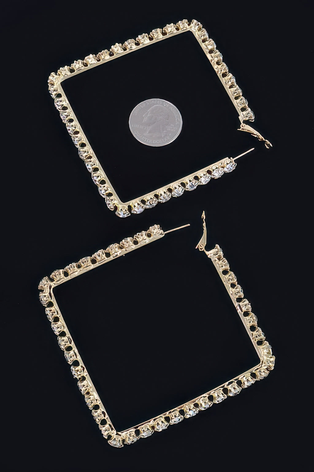 Rhinestone square hoop earrings, clear stones on gold-tone square hoops