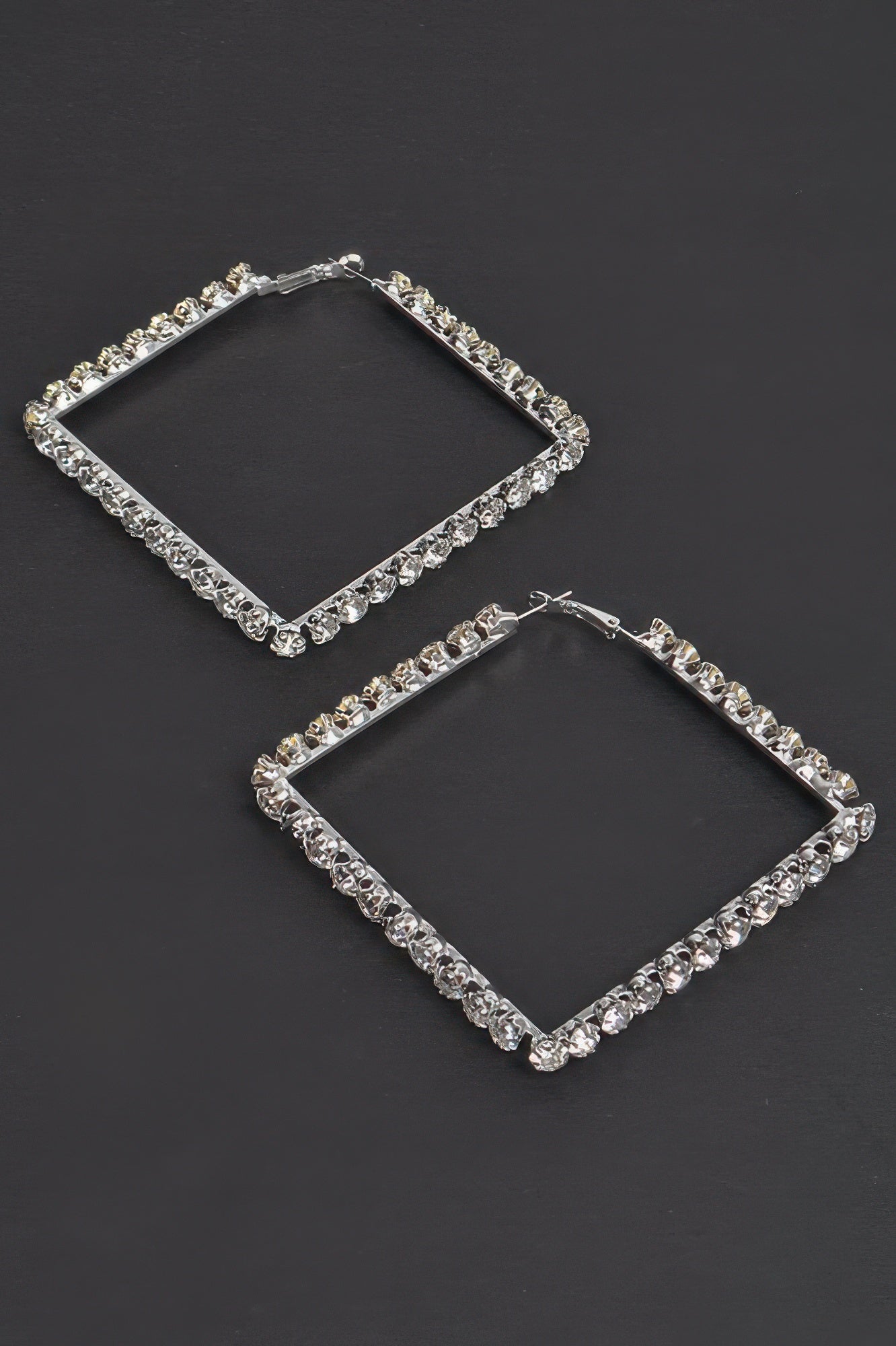 Rhinestone square hoop earrings, clear stones with silver-tone square frames