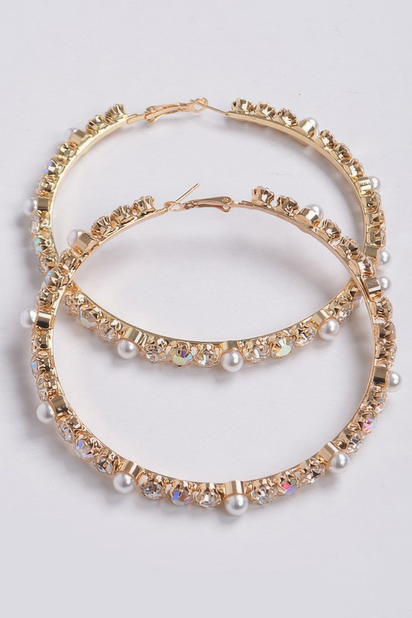 Gold rhinestone & pearl hoop earring set with upside-down bead rows