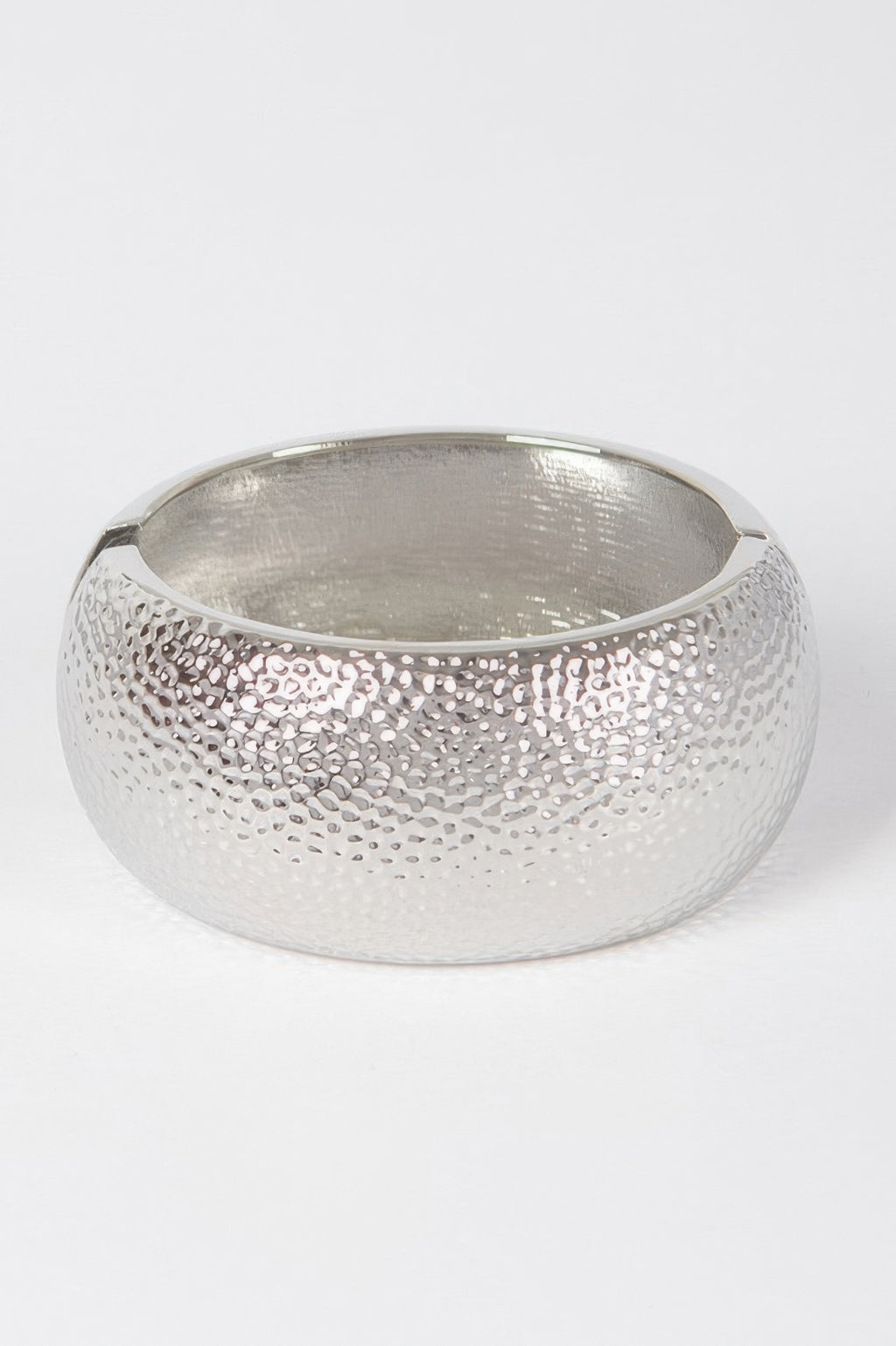 Silver textured metal bangle bracelet, smooth wide band with hammered surface