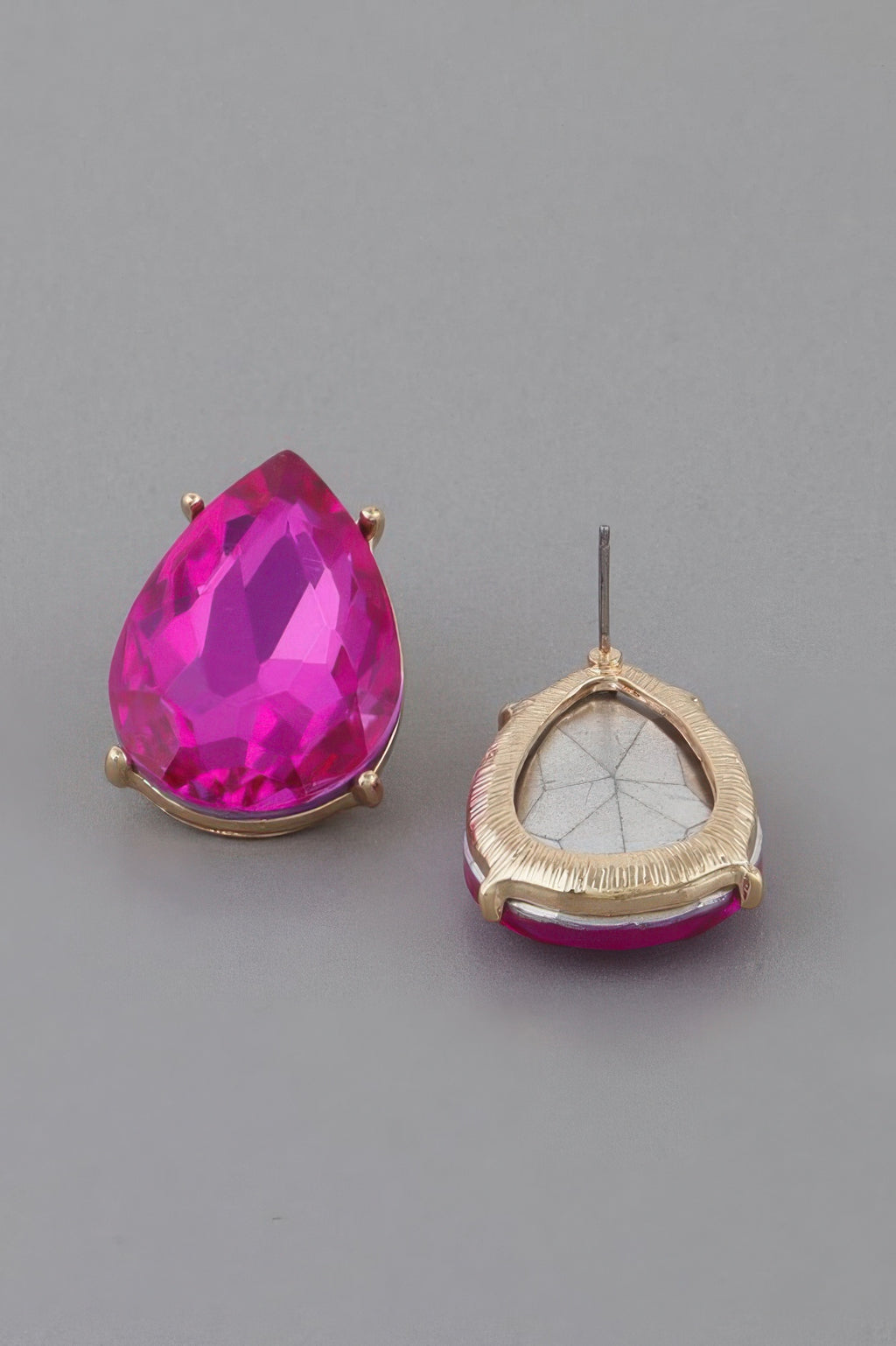 Hot pink fuchsia teardrop earrings with gold bezel and top stud post