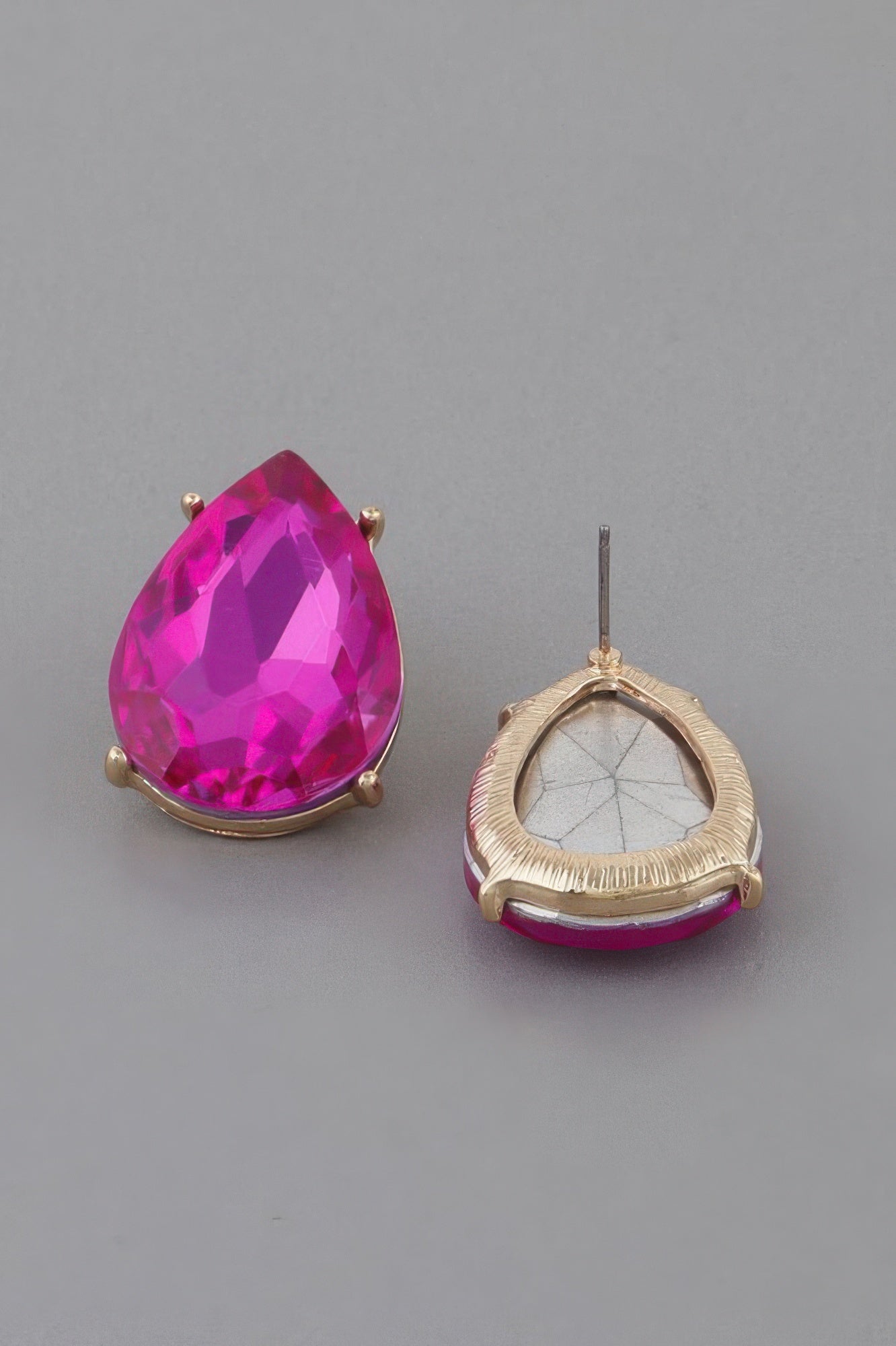 Hot pink fuchsia teardrop earrings with gold bezel and top stud post
