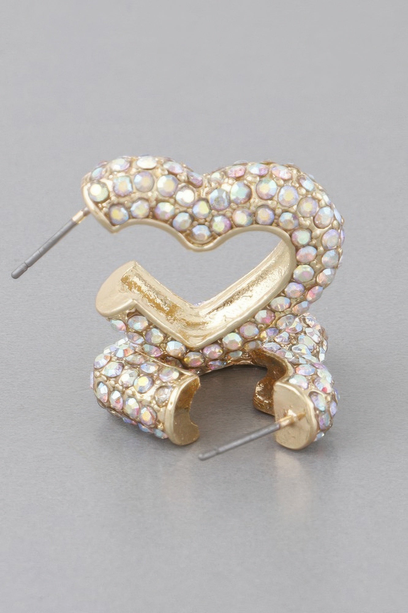 Gold AB pearl-studded heart stud earrings, gold-tone backings
