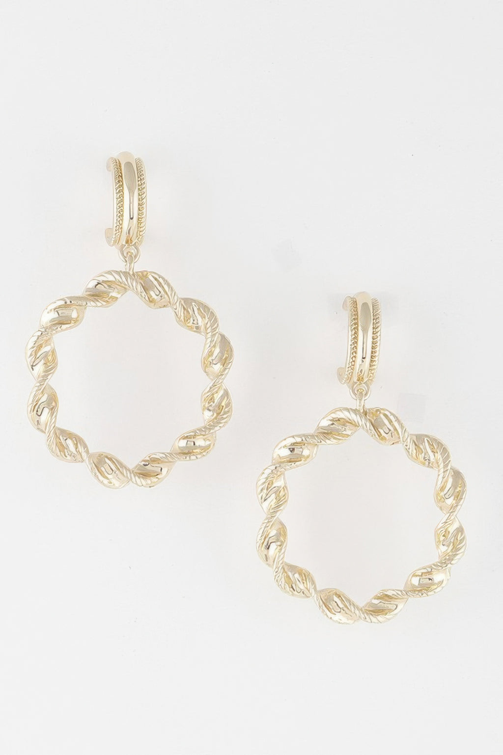 Gold twisted hoop drop earrings with braided textured circular ring and hook
