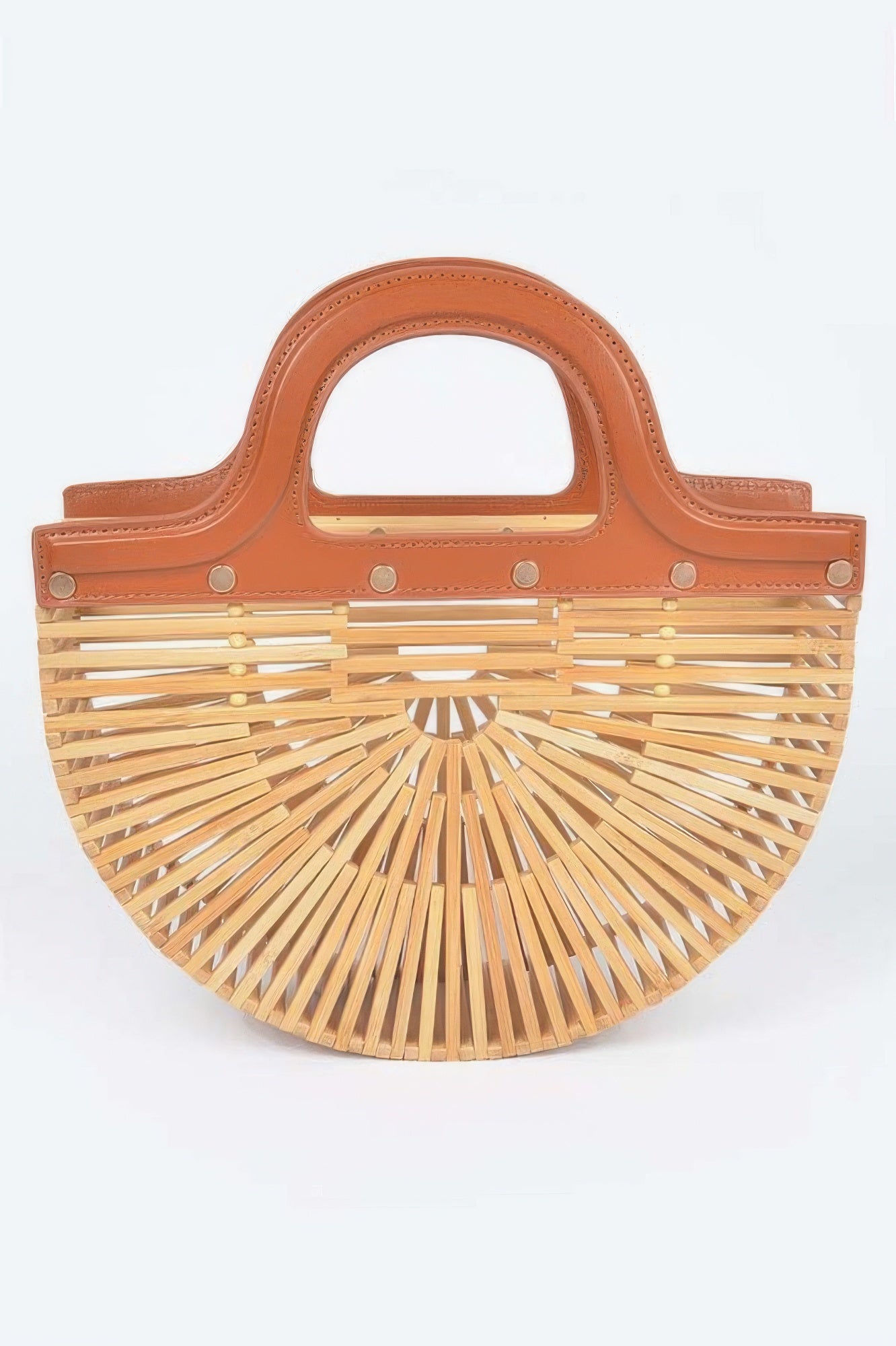 Bamboo top-handle bag in natural with round slat design and caramel leather trim