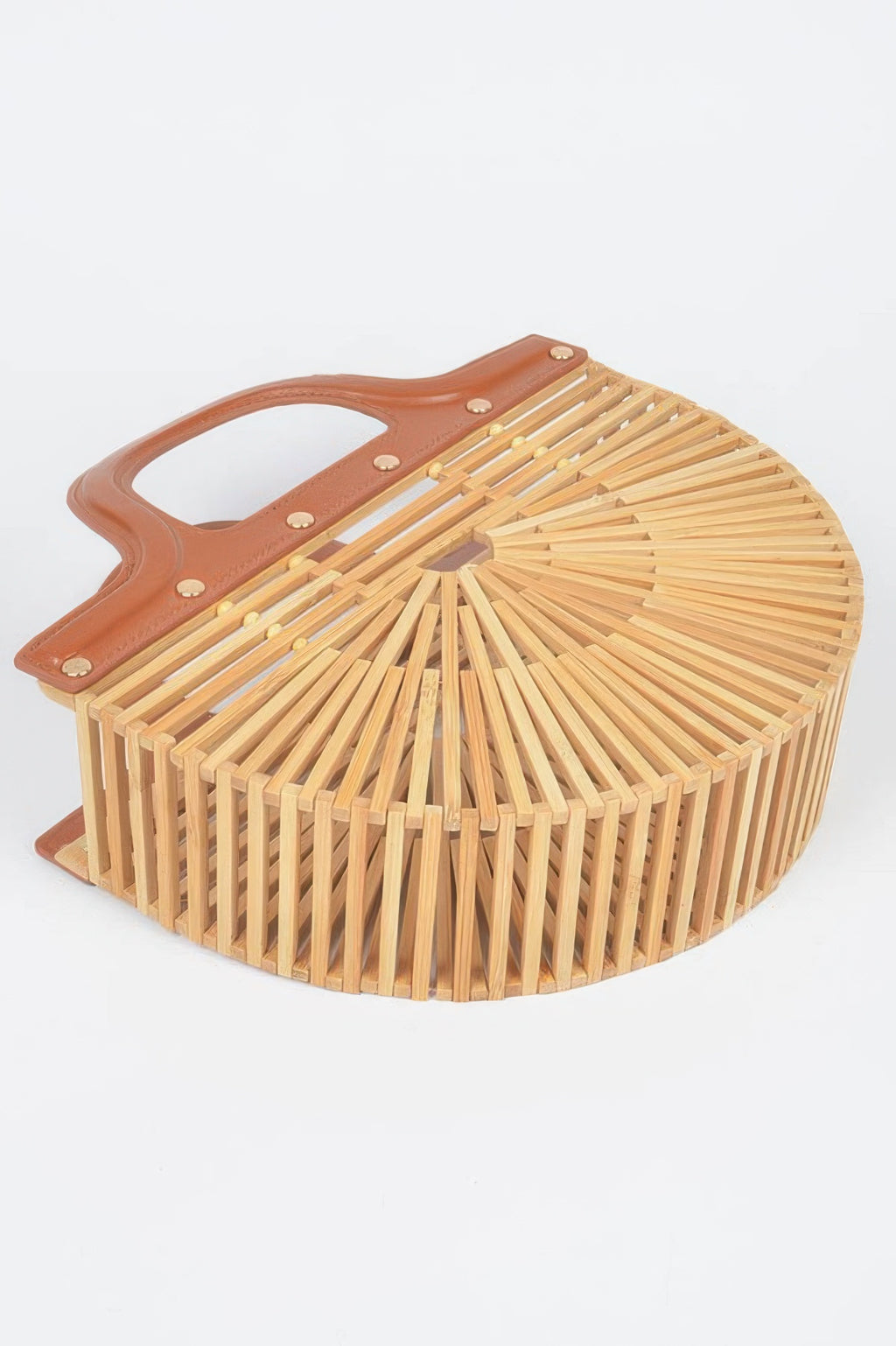 Bamboo top-handle bag with curved silhouette, slatted panels and caramel handle
