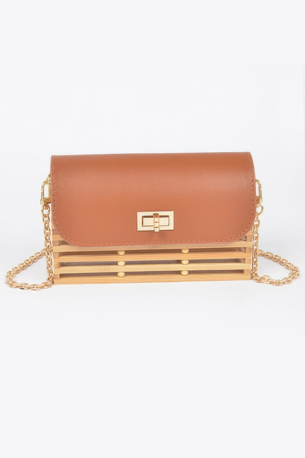 Bamboo flap crossbody bag in tan-brown with gold clasp and chain, slatted front