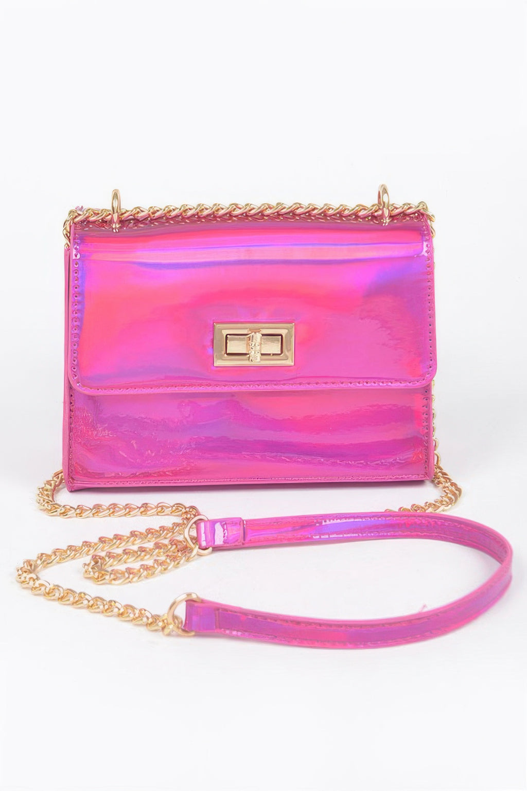 Mirror metallic flap crossbody bag, fuchsia pink, gold clasp and chain strap.