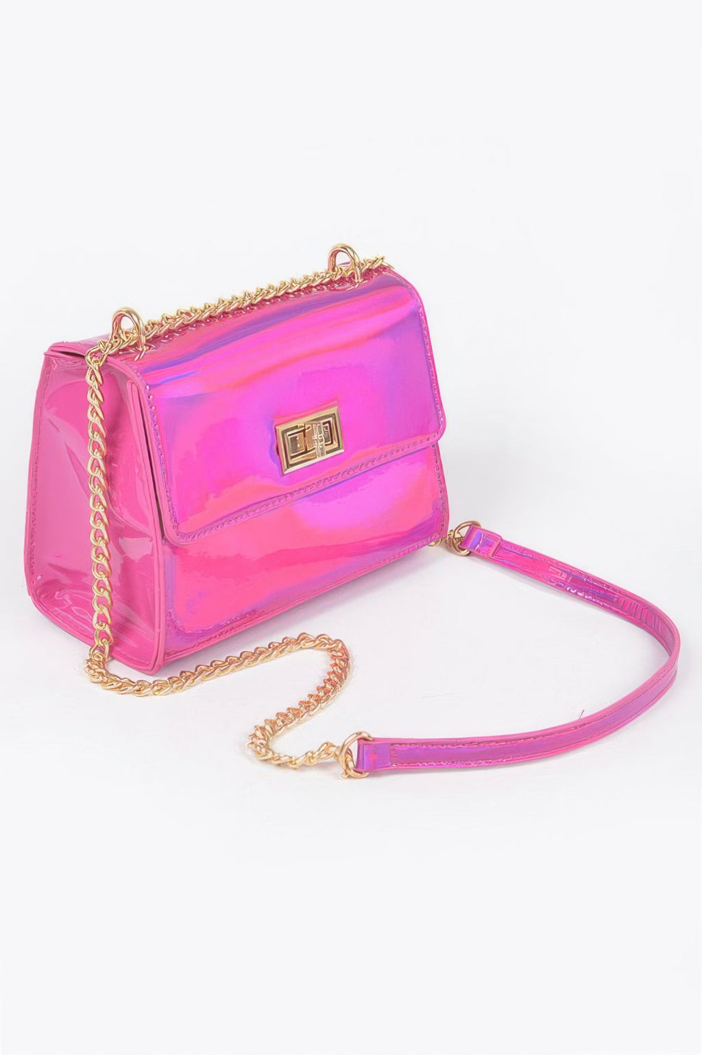 Mirror metallic flap crossbody bag, fuchsia pink, side view with gold clasp detail.