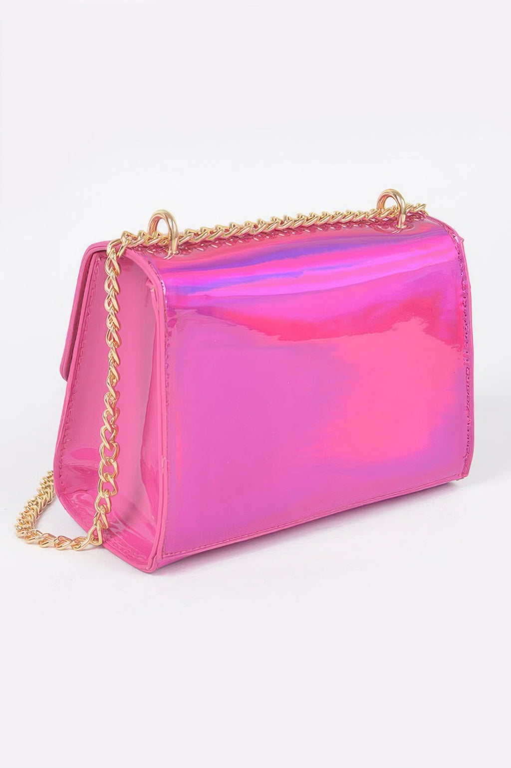 Mirror metallic flap crossbody bag, fuchsia pink, front corner view with chain handles.