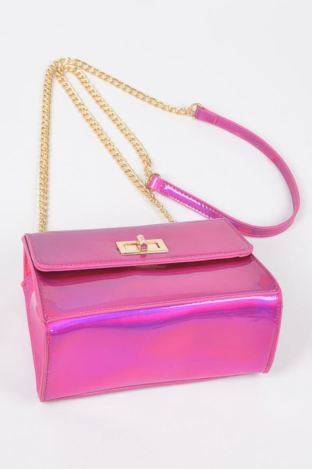 Mirror metallic flap crossbody bag, fuchsia pink, gold chain with matching pink strap.