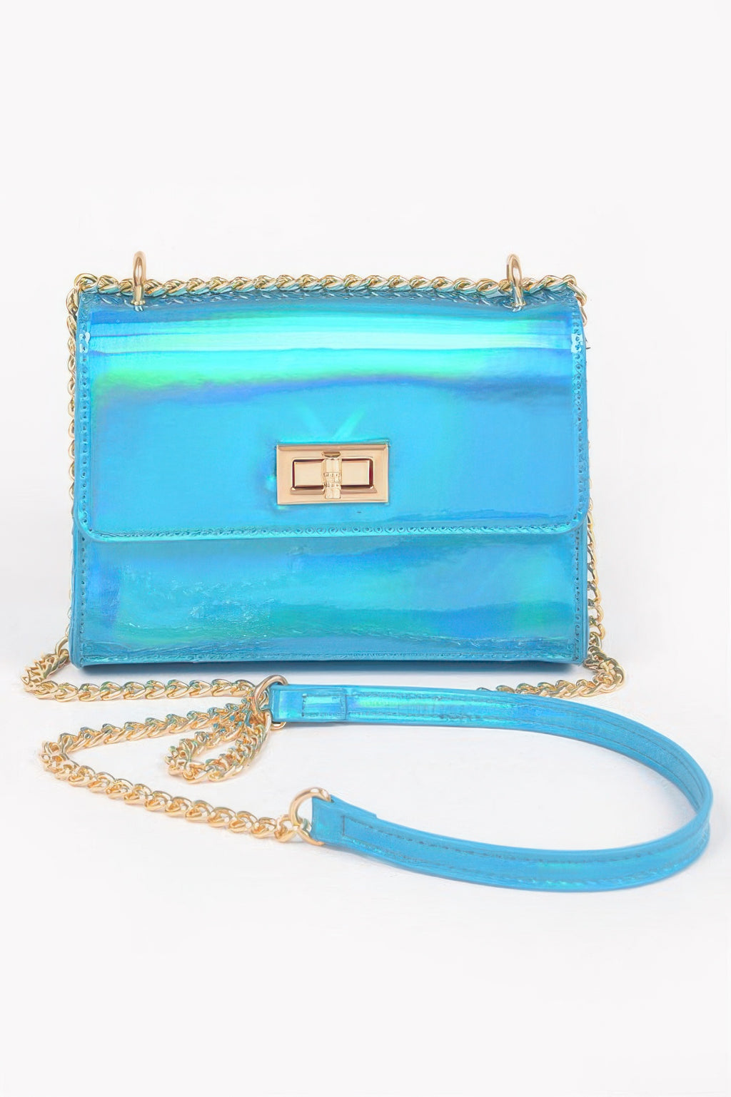Mirror metallic flap crossbody bag, blue, gold clasp center with chain and short strap.