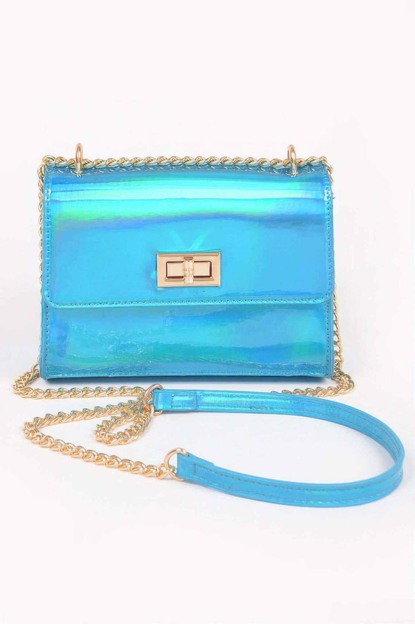 Mirror metallic flap crossbody bag, blue, gold clasp center with chain and short strap.